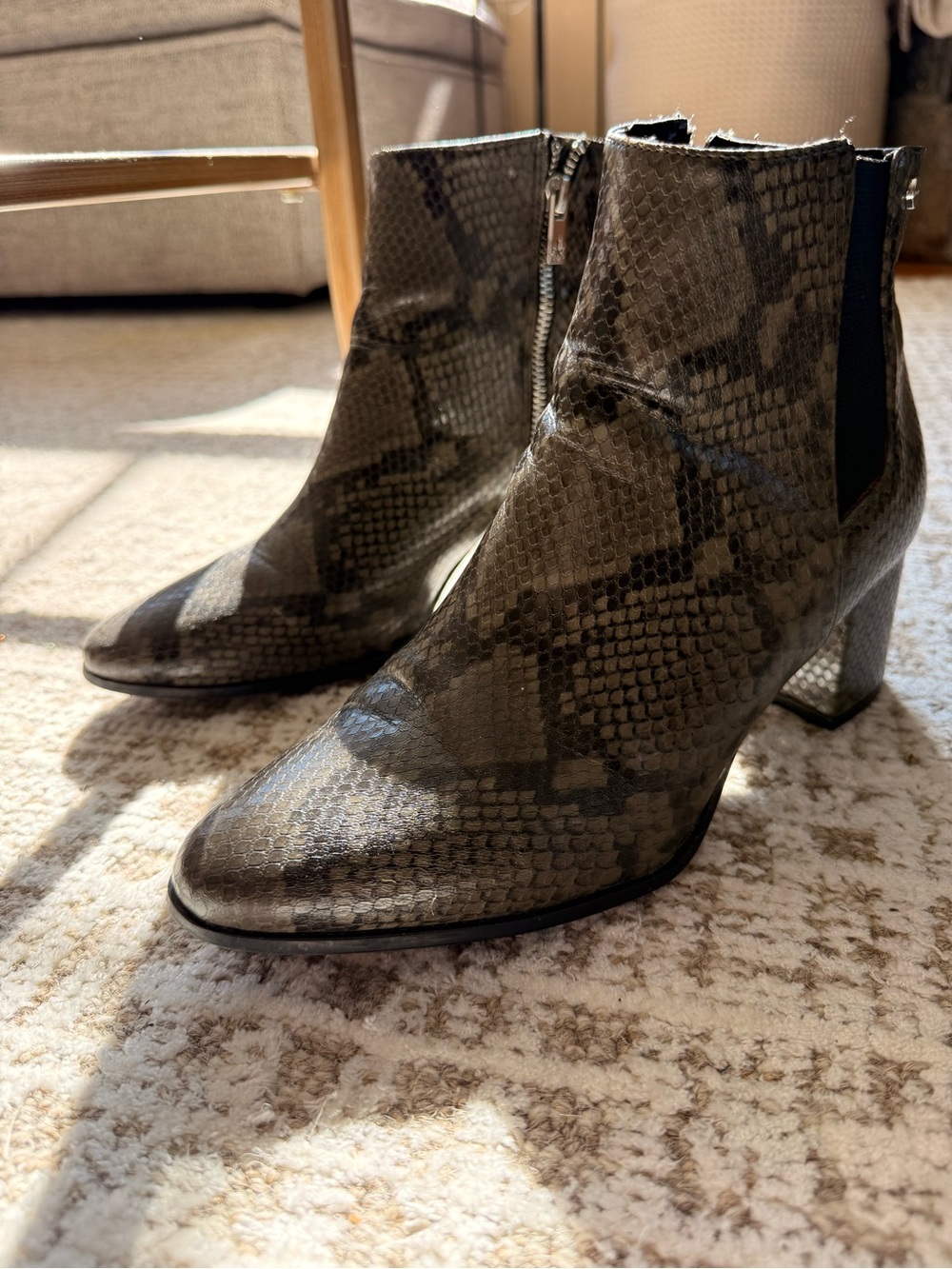Snake-Embossed Leather Ankle Boots in Olive Brown